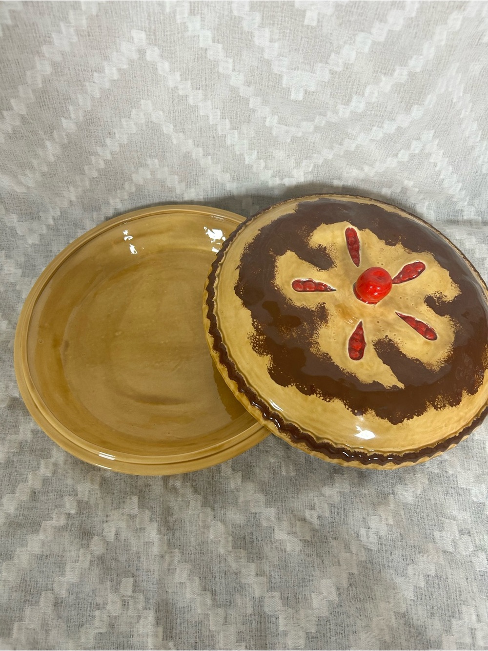 Glazed Ceramic Covered Casserole in Brown with Red Accent